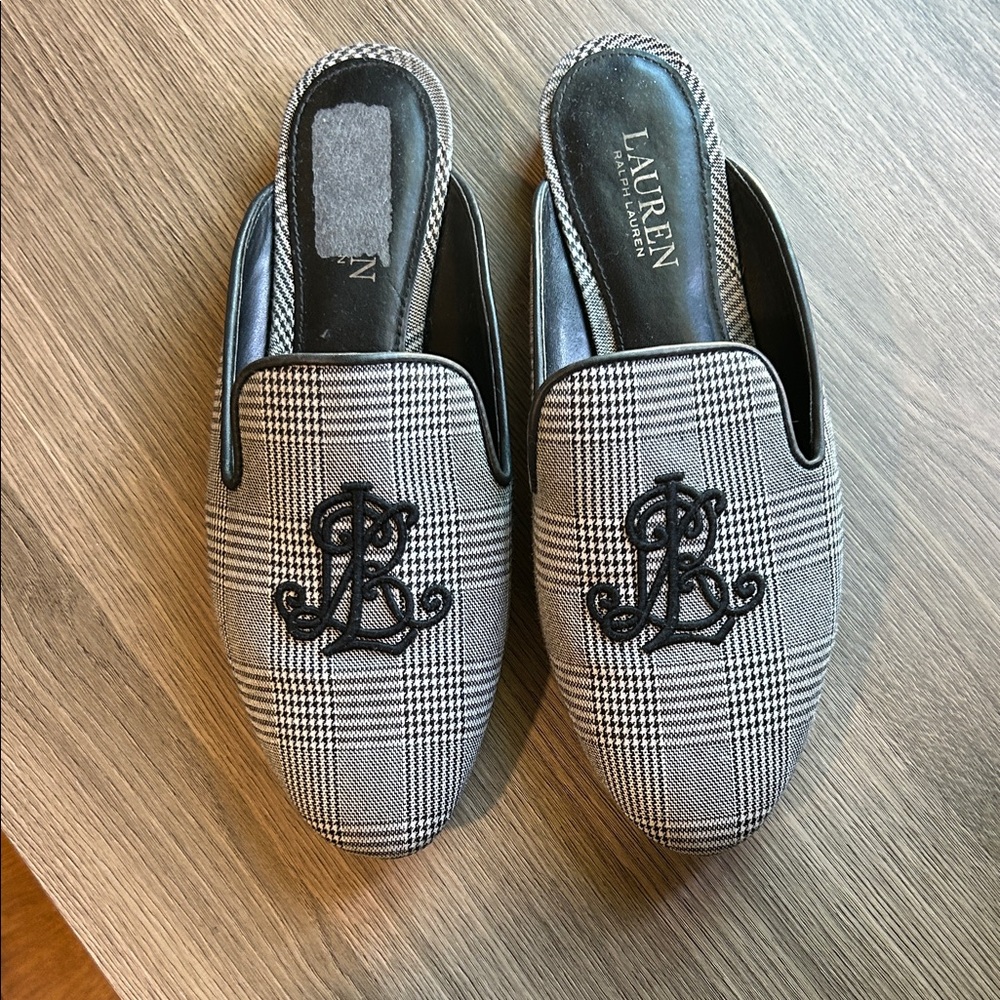 9.5 Wide Lauren Ralph Lauren Black & Gray Plaid Embroidered Logo Slip-On Mules